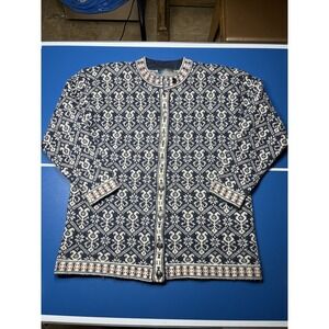 Squaw Valley 100% Wool Blue & Ivory Alpine‎ Print Chunky Cardigan - Size S